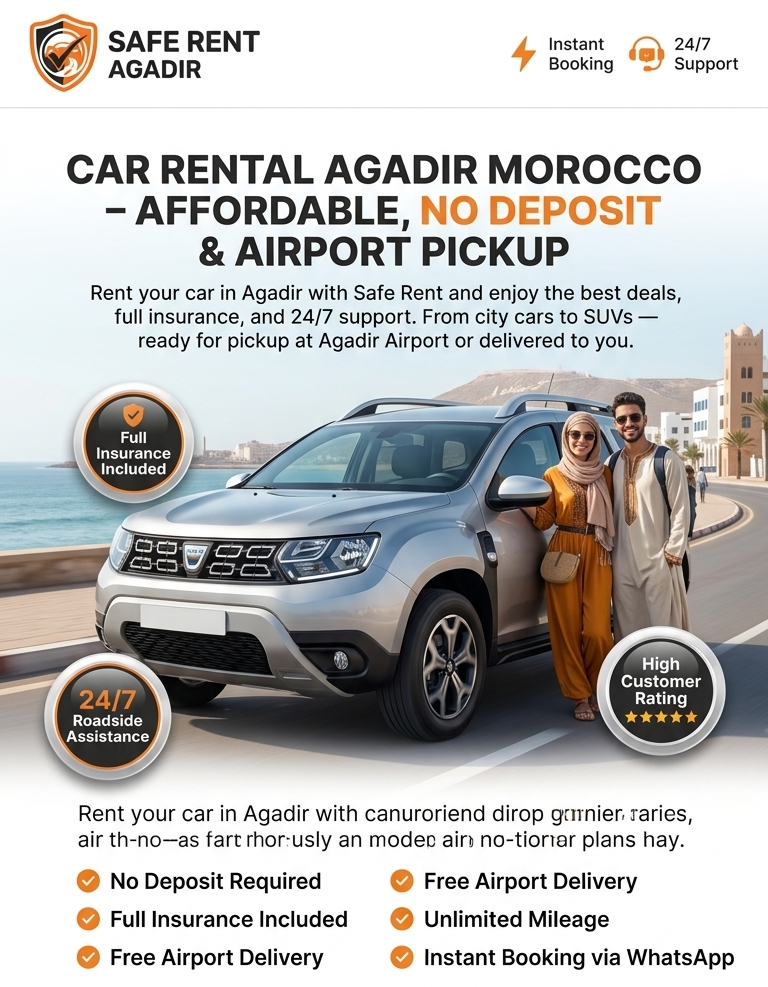Car rental Agadir Airport no deposit service by SafeRent with modern vehicles available for tourists arriving in Agadir, Morocco