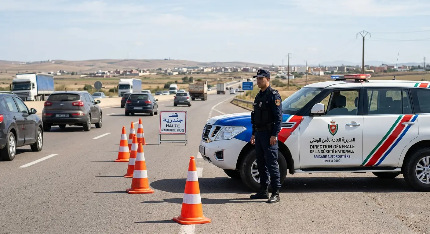 A police checkpoint on a Moroccan highway