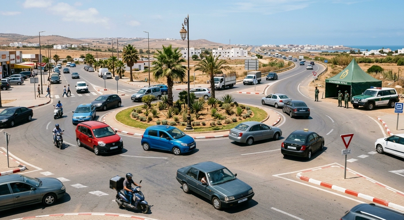 a roundabout or checkpoint on a Moroccan road